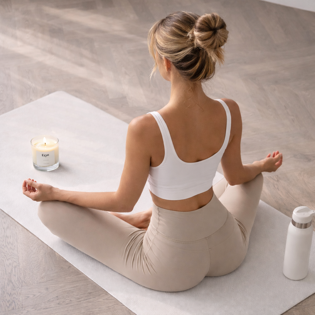 Woman in white sports bra and beige leggings sitting on a yoga mat with a clean-burning candle by Eryn and water bottle nearby.