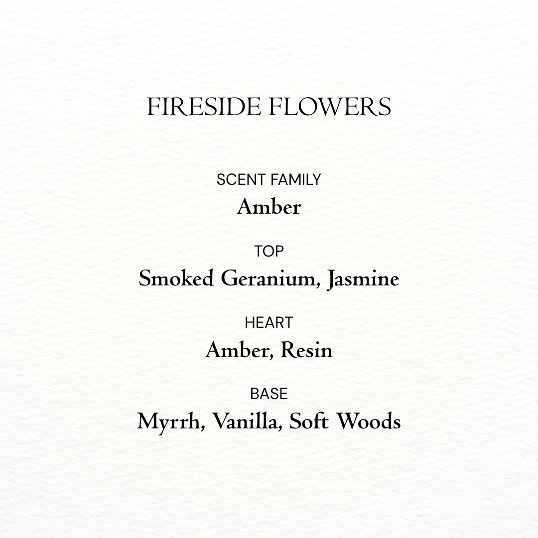 Product label for 'Fireside Flowers' with scent family details on a white background