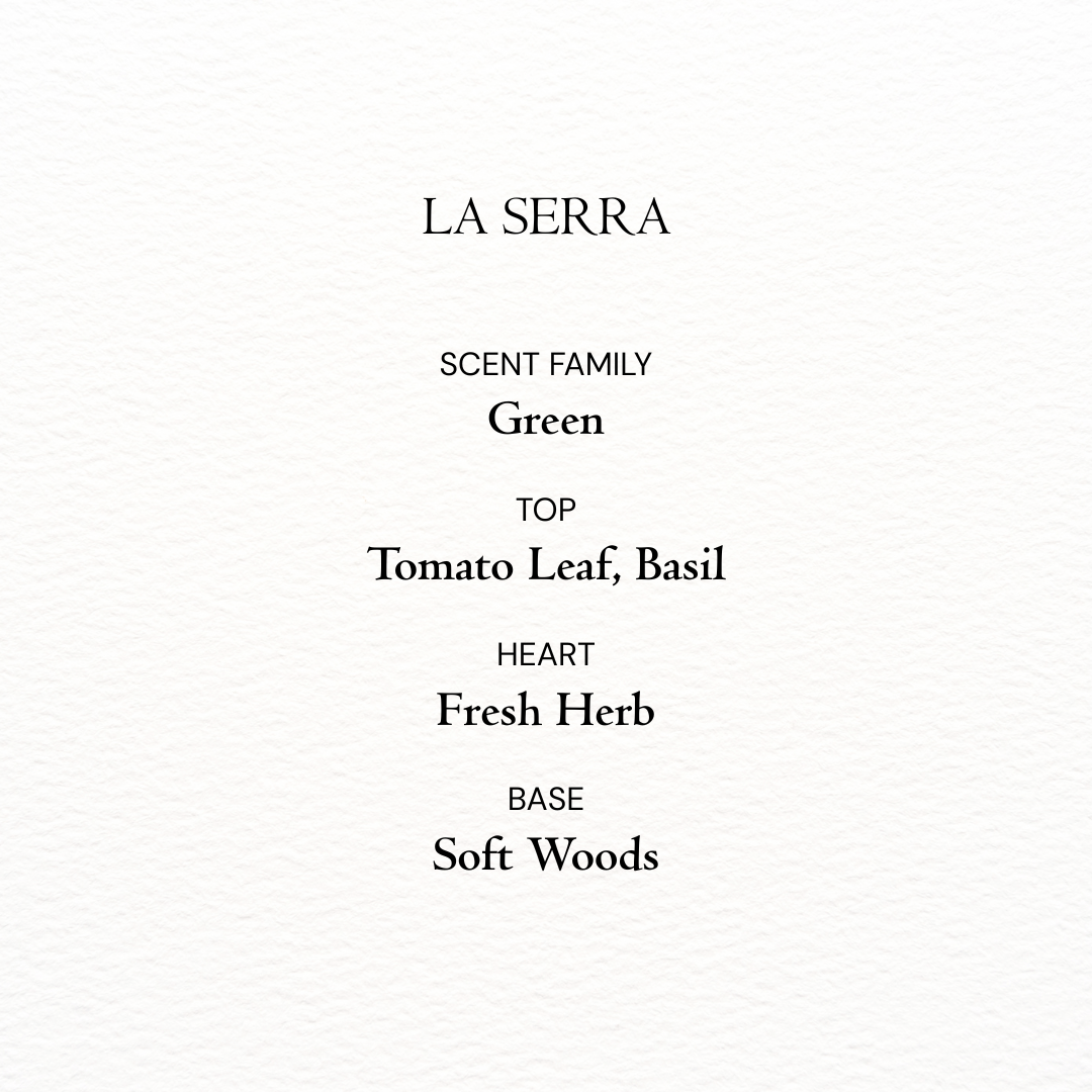 Product label for 'La Serra' with scent family details on a white background